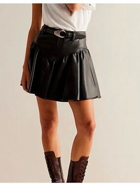 We The Free Black Faux Leather Pleated Mini Skirt